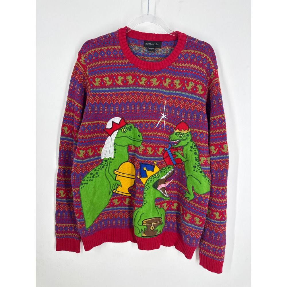 Blizzard Bay Three Wise Dinosaurs Ugly Christmas Sweater Red Fair Isle Size L